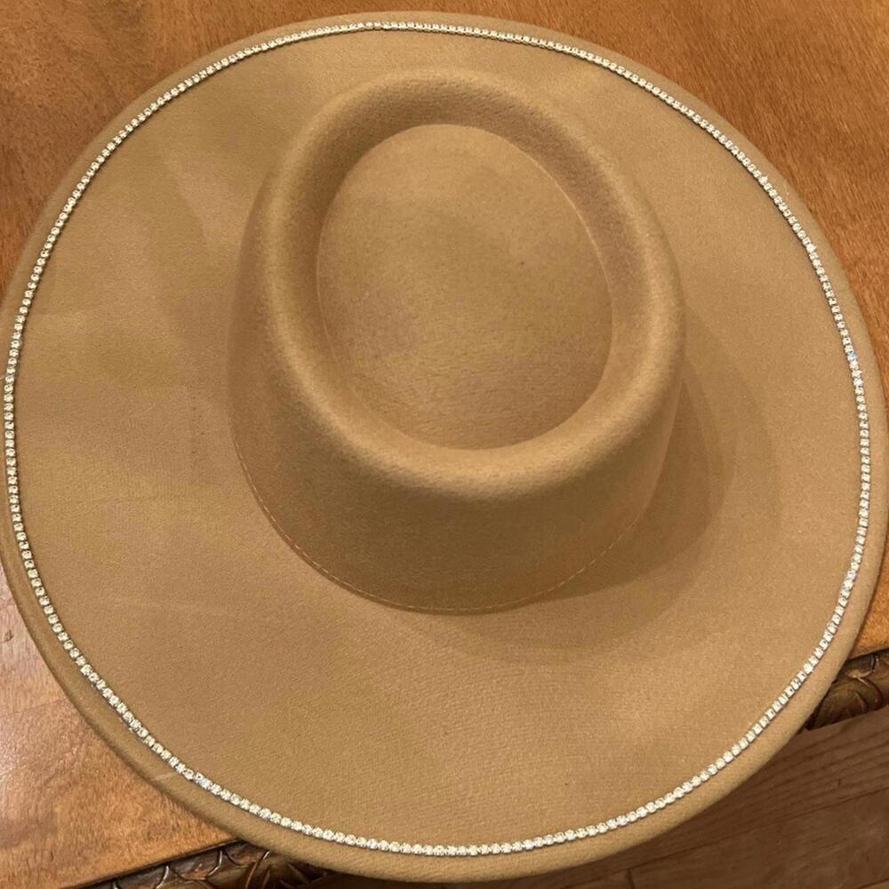 Fedora Embellished Felt Boater Hat BP NORDSTROM BNWT ADJUSTABLE Tan Gold Crystal